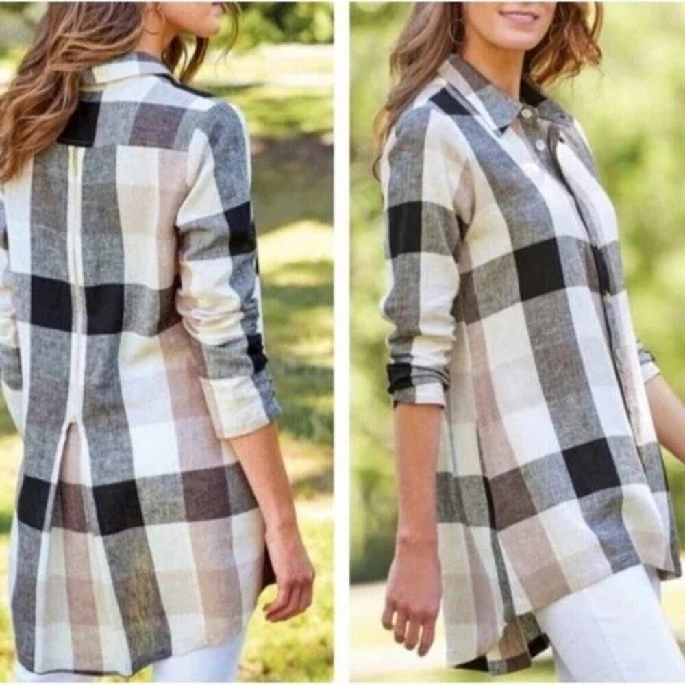 Soft Surroundings Carreaux Plaid Linen Blend Button Up Zip Back Detailing Blouse